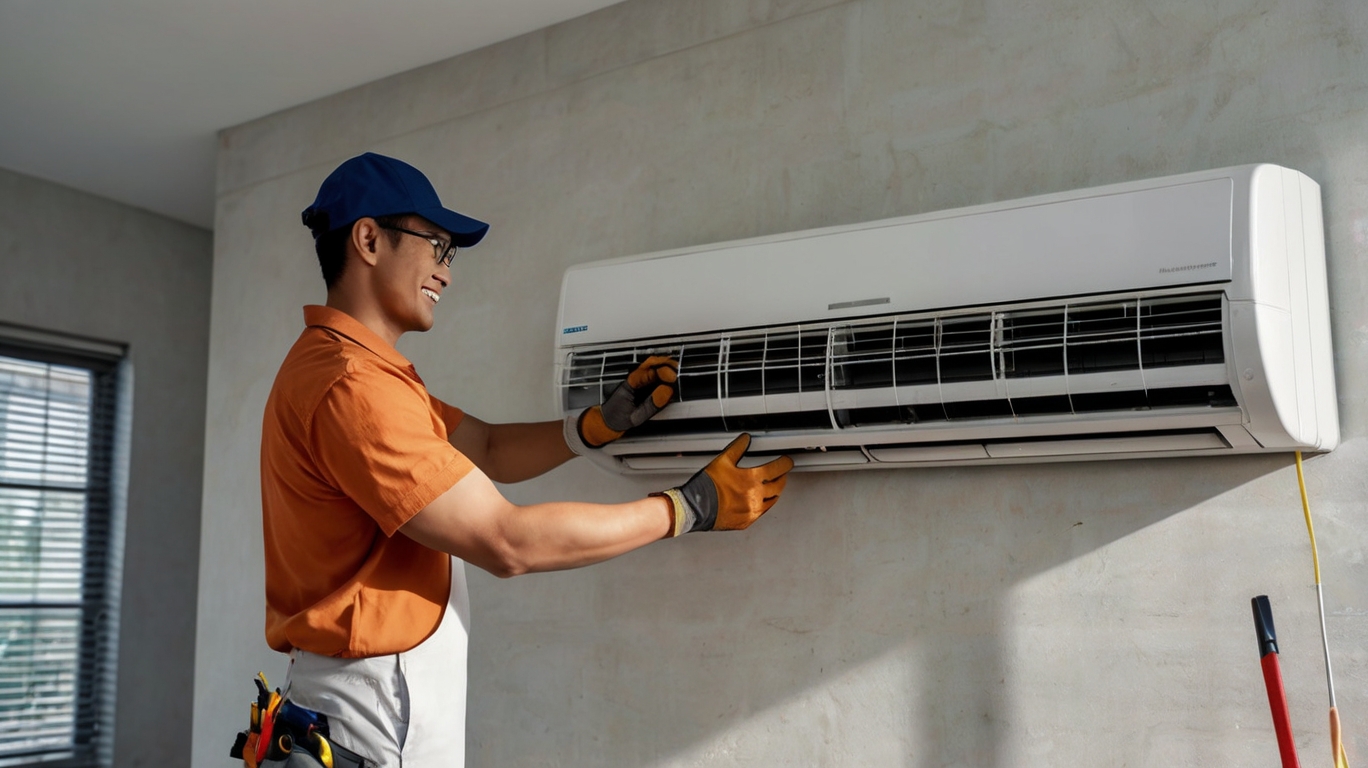 Technician repairing air conditioner